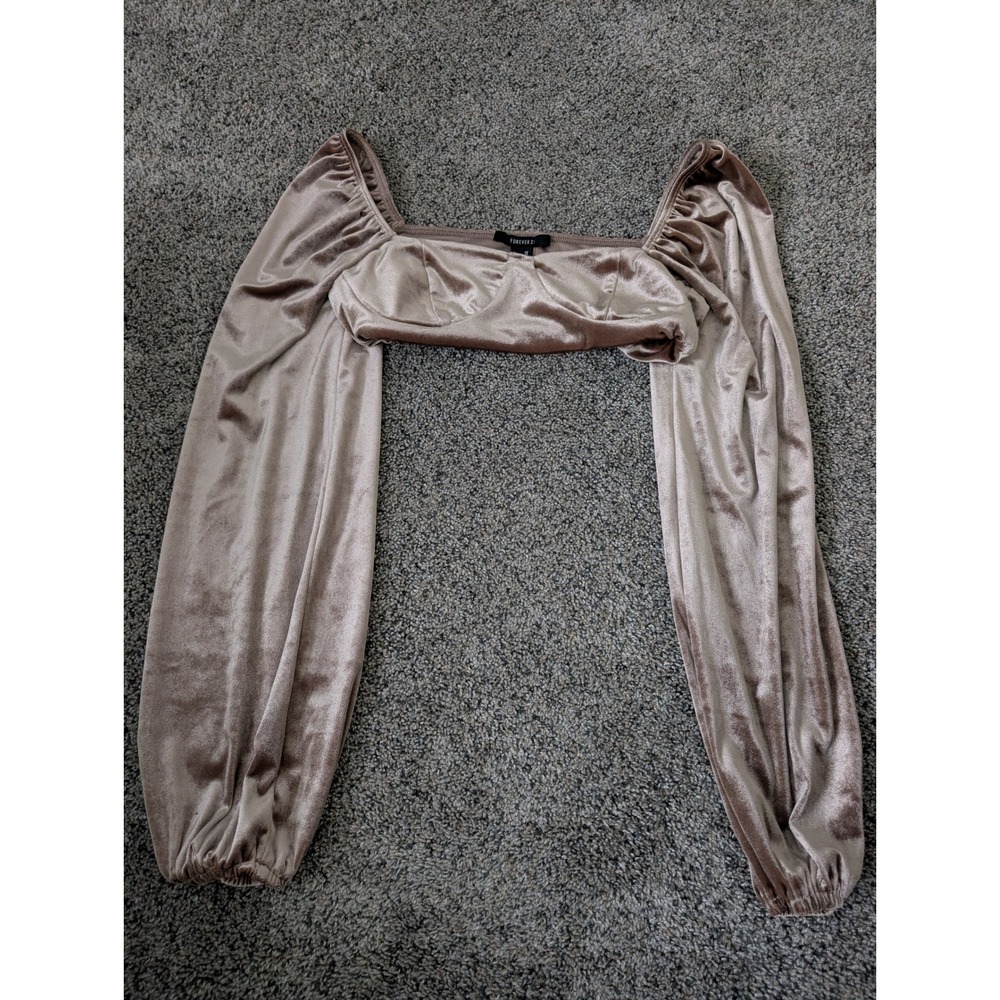 Forever 21 Womens XS Taupe‎ Velvet Square Neck Long Puff Sleeve Crop Top